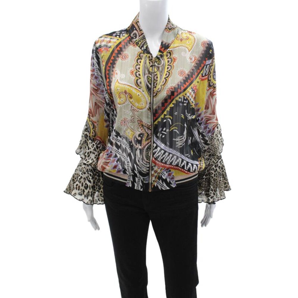 Jeff Gallano Womens Black Paisley Long Sleeve Zip Blouse Size 2